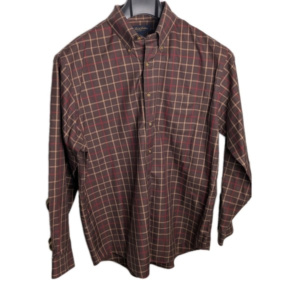Brooks Brothers Mens Plaid Long Sleeve Button Casual Shirt Brown L Window Pane - Picture 2 of 8